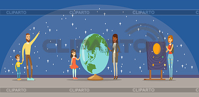 La gente que aprende sobre las estrellas, los planetas y la energía solar | Ilustración vectorial de stock |ID 6400675
