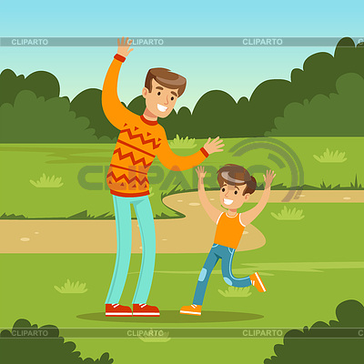 Feliz familia joven e hijo jugando juegos en la ciudad | Ilustración vectorial de stock |ID 6448643