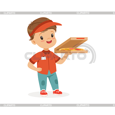 Flat cheerful delivery boy standing with pizza in | Stock Vector Graphics |ID 6459028