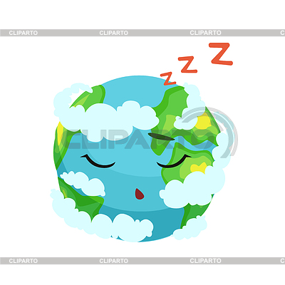 Carácter lindo planeta tierra durmiendo en las nubes blancas | Ilustración vectorial de stock |ID 6462691