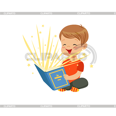 Маленький мальчик, сидя на полу с волшебной книгой | Векторный клипарт |ID 6464518
