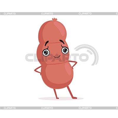Sonriente personaje de salchicha de pie con los brazos | Ilustración vectorial de stock |ID 6466827