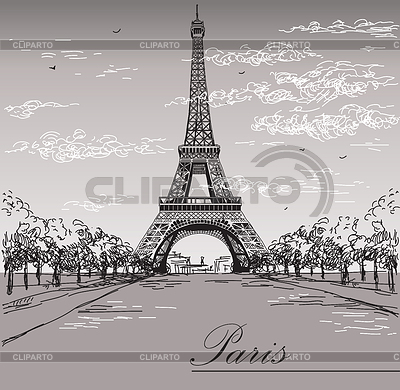Paisaje con la torre Eiffel en blanco y negro | Ilustración vectorial de stock |ID 6196066