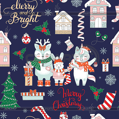 Animales de feliz Navidad de patrones sin fisuras en azul | Ilustración vectorial de stock |ID 7074070