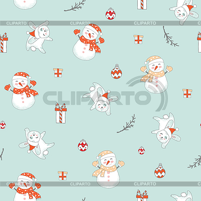 Muñeco de nieve y conejos feliz Navidad de patrones sin fisuras | Ilustración vectorial de stock |ID 7074078