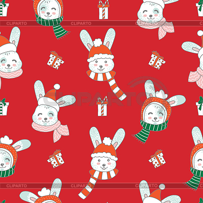 Conejos de feliz Navidad de patrones sin fisuras en rojo | Ilustración vectorial de stock |ID 7074080