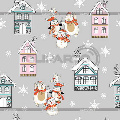 Nahtloses Muster Weihnachtsfiguren und -häuser | Stock Vektorgrafik |ID 7074154