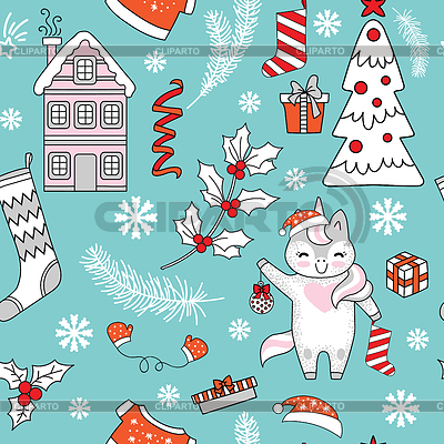 Unicornio de feliz Navidad de patrones sin fisuras y | Ilustración vectorial de stock |ID 7074180