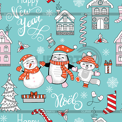 Carácter de feliz Navidad de patrones sin fisuras y | Ilustración vectorial de stock |ID 7074186