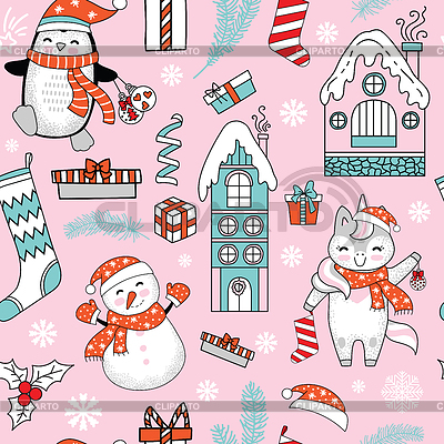Elementos de feliz Navidad de patrones sin fisuras y | Ilustración vectorial de stock |ID 7074190
