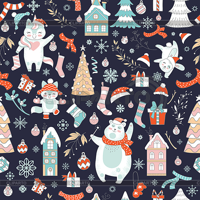 Personajes y elementos navideños de patrones sin fisuras | Ilustración vectorial de stock |ID 7077723