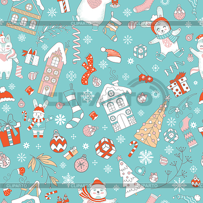 Personajes y elementos navideños de patrones sin fisuras | Ilustración vectorial de stock |ID 7077727
