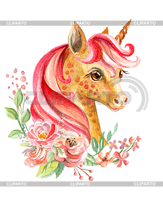 Watercolor pink unicorn portrait with beautiful | High resolution stock illustration |ID 7078445