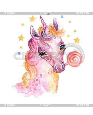 Retrato de unicornio acuarela con dulces y estrellas | Ilustración de alta resolución |ID 7078446
