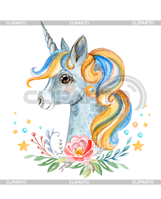Watercolor unicorn in profile with beautiful flowers | High resolution stock illustration |ID 7078452