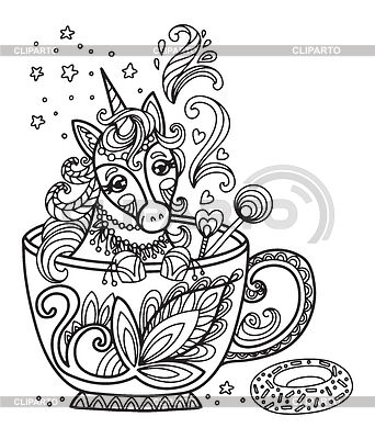 Kawaii niedliches Einhorn in der Tasse Färbung | Stock Vektorgrafik |ID 7079689