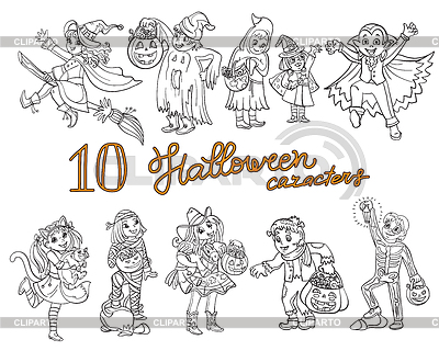 Dibujos animados de halloween para colorear conjunto de personajes | Ilustración vectorial de stock |ID 7079781