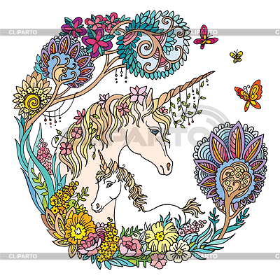 Unicornio colorido con potro y flores. | Ilustración vectorial de stock |ID 7087311