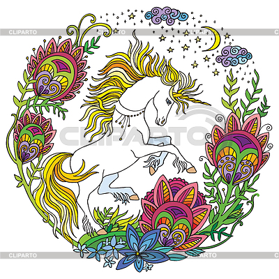 Unicornio lindo colorido con flores | Ilustración vectorial de stock |ID 7087317