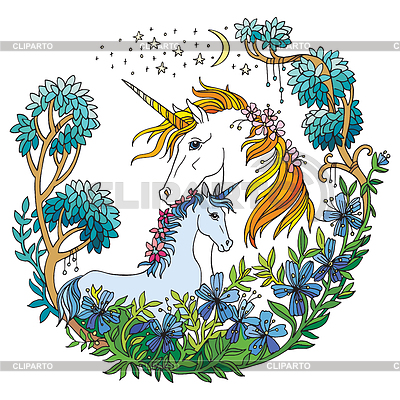 Unicornio de color y potro con flores. | Ilustración vectorial de stock |ID 7087327