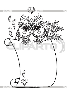 Cute kawaii owl with blank sign template monochrome | Stock Vector Graphics |ID 7102117