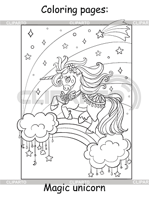 Lindo unicornio volando en el cielo nocturno | Ilustración vectorial de stock |ID 7103038