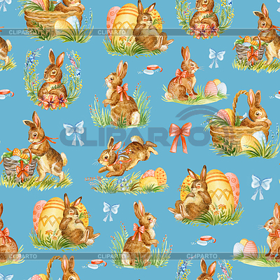 Seamless watercolor pattern with easter rabbits blue | High resolution stock illustration |ID 7104546