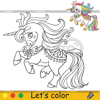 Lindo unicornio con vestido para colorear | Ilustración vectorial de stock |ID 7105948