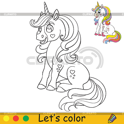 Lindo unicornio sentado con melena larga para colorear | Ilustración vectorial de stock |ID 7105950