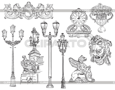 Conjunto de elementos decorativos arquitectónicos antiguos | Ilustración vectorial de stock |ID 7113001