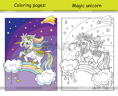 Unicornio volando en el cielo nocturno para colorear | Ilustración vectorial de stock |ID 7113477