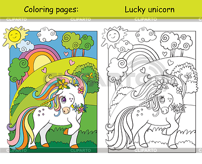 Libro de colorear de unicornio lindo en prado floreciente | Ilustración vectorial de stock |ID 7113479