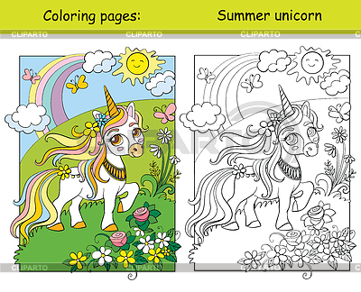 Libro de colorear de unicornio caminando sobre prado floreciente | Ilustración vectorial de stock |ID 7113489