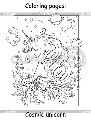 Unicornio cósmico de belleza con flores y estrellas. | Ilustración vectorial de stock |ID 7115436