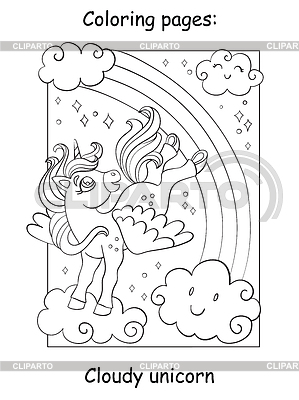 Lindo unicornio con alas volando en el cielo para colorear | Ilustración vectorial de stock |ID 7115444