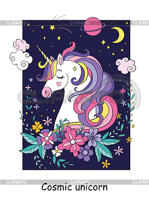 Unicornio cósmico de belleza con flores y estrellas. | Ilustración vectorial de stock |ID 7116680