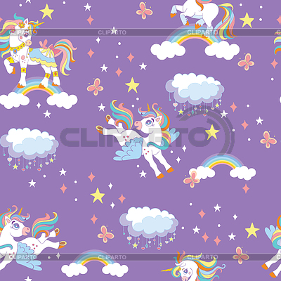 Unicornios lindos de patrones sin fisuras en cielo púrpura | Ilustración vectorial de stock |ID 7121980