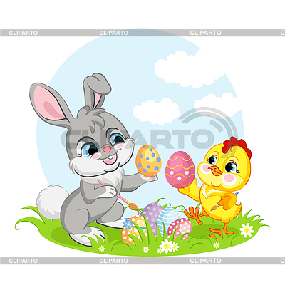 Pequeños personajes divertidos lindos pollo y conejo | Ilustración vectorial de stock |ID 7126232