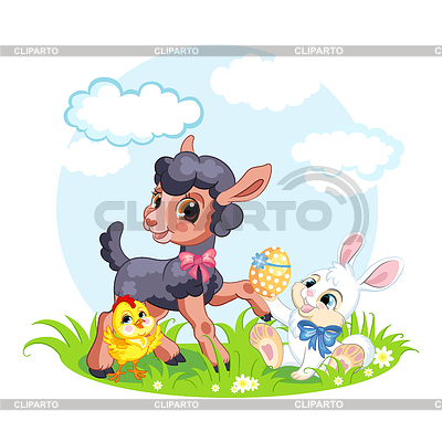 Pequeños personajes divertidos lindos pollo, conejo y | Ilustración vectorial de stock |ID 7126234