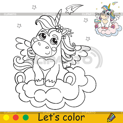 Unicornio de dibujos animados con alas en la nube para colorear | Ilustración vectorial de stock |ID 7157019