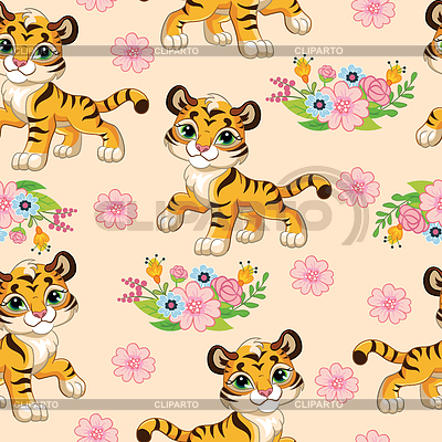 Patrones sin fisuras con tigres de dibujos animados y flores | Ilustración vectorial de stock |ID 7157530