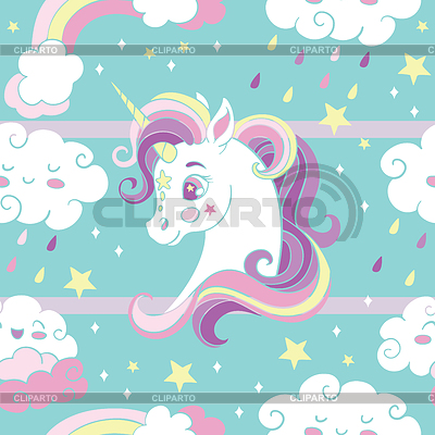 Patrones sin fisuras con cabezas de unicornio y nubes | Ilustración vectorial de stock |ID 7158667