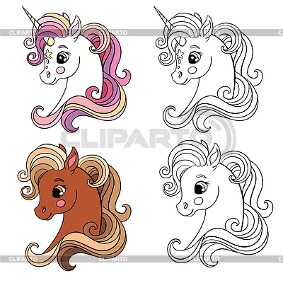 Conjunto de dos cabezas de unicornios de dibujos animados para colorear | Ilustración vectorial de stock |ID 7163656