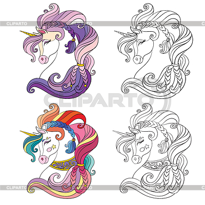 Conjunto de dos cabezas de unicornios ornamentadas para colorear | Ilustración vectorial de stock |ID 7163664