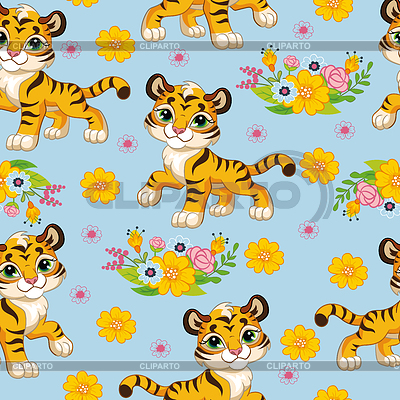 Patrones sin fisuras con tigres de dibujos animados y flores | Ilustración vectorial de stock |ID 7172837