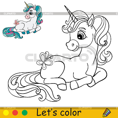Lindo unicornio de dibujos animados para colorear | Ilustración vectorial de stock |ID 7174009