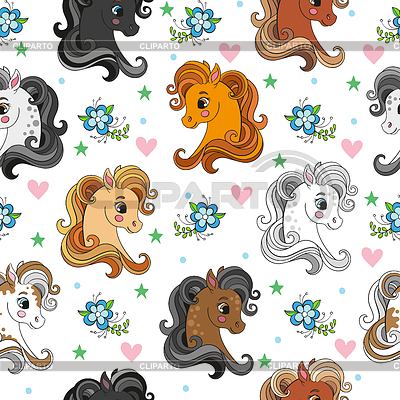 Patrones sin fisuras con cabezas de pony y flores | Ilustración vectorial de stock |ID 7177058