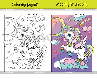 Cute unicorn with wings on cloud coloring and | Stock Vector Graphics |ID 7180594