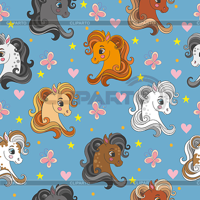 Patrones sin fisuras con cabezas de pony y flores azules | Ilustración vectorial de stock |ID 7195401