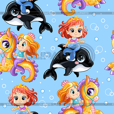 Sirenas lindas de patrones sin fisuras cabalgando sobre una orca un | Ilustración vectorial de stock |ID 7199205